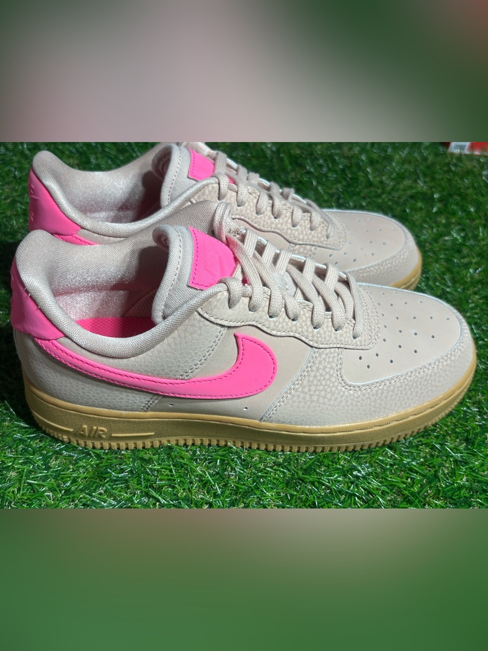 Nike Women's grayishTan Sneakers with Pink Swoosh women’s 8.5